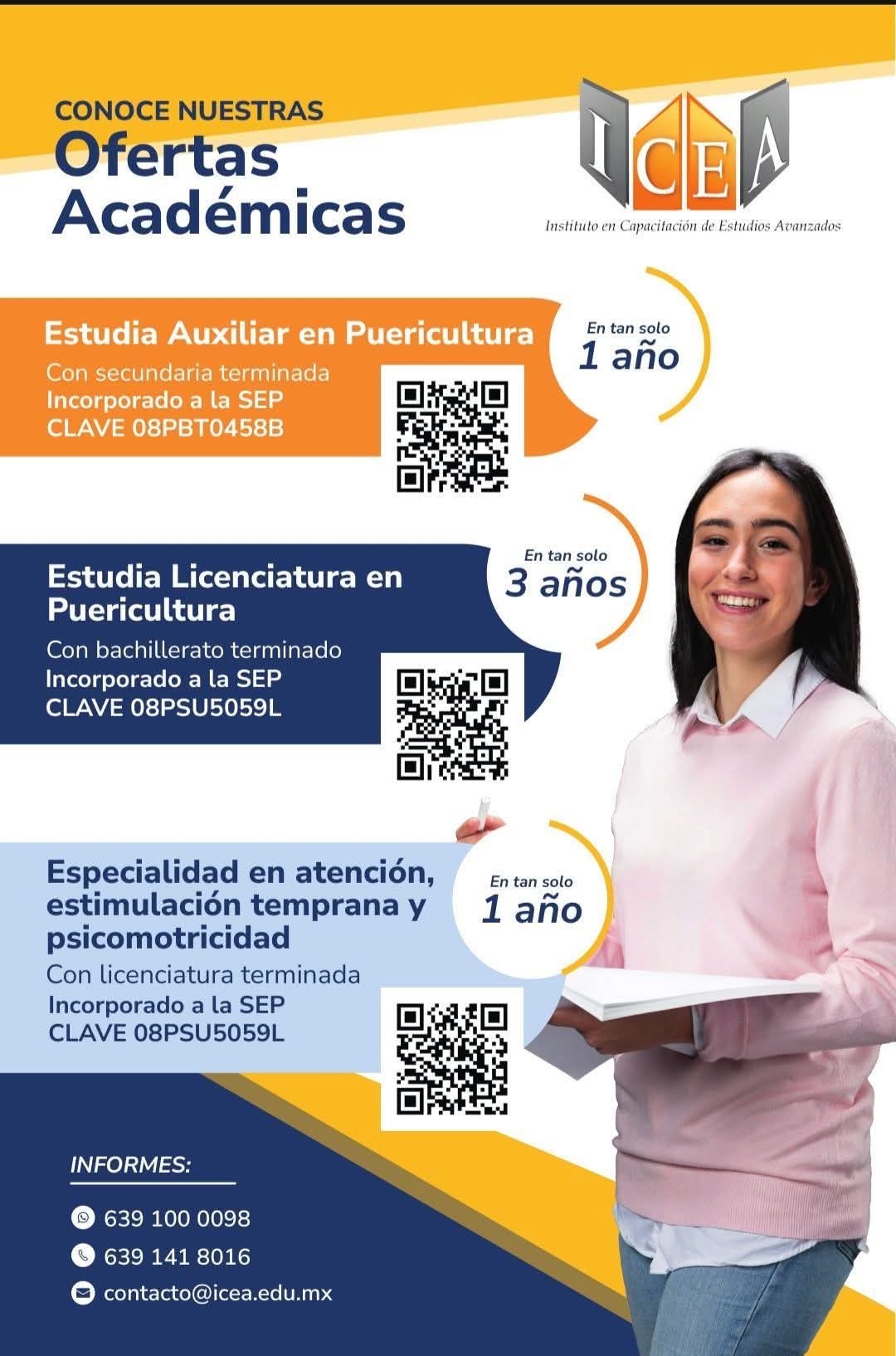 Conoce nuestras ofertas académicas ICEA: Auxiliar en Puericultura, Licenciatura en Puericultura y Especialidad en Atención, Estimulación Temprana y Psicomotricidad